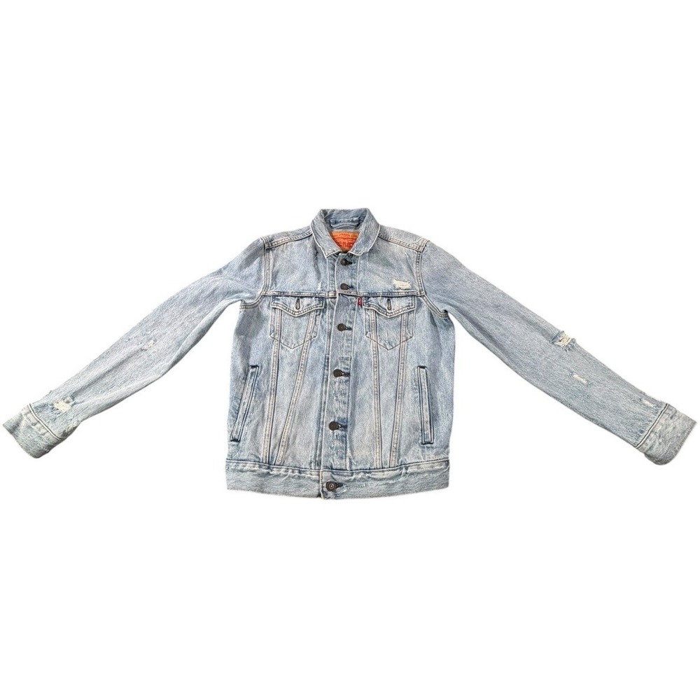 Levis Womens Denim Trucker Jacket Distressed Light Wash Button Front Size S